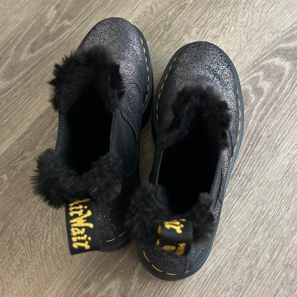 Dr Martens 2976 Quad Faux Fur Platform Chelsea Boot Black Metallic US 9 EU 41